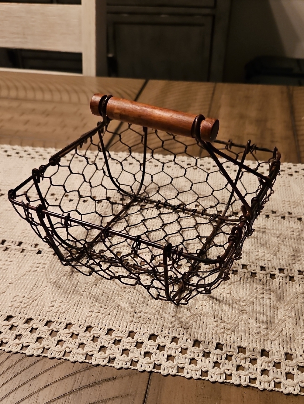 Rustic Brown Wire Basket with Wooden Handle - Home Accents
